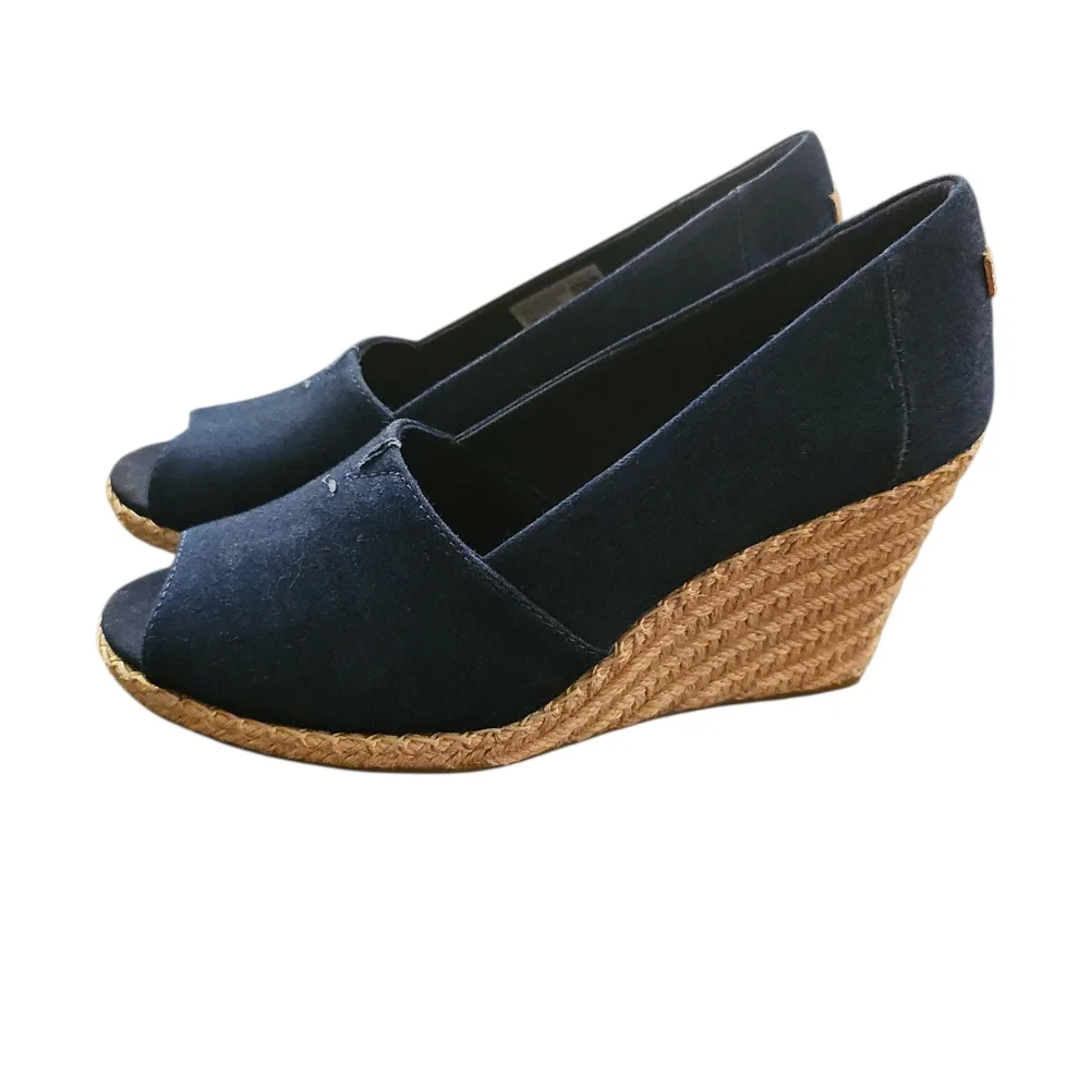 TOMS Women's Michelle Dark Denim Wedge Sz 8.5 Peep Toe Heel Sandals
